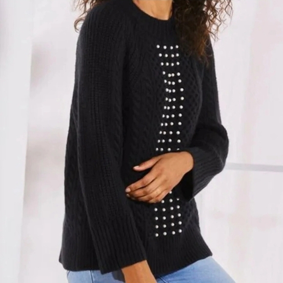 Soft Surroundings Embellished Cable Knit Sweater Black Faux pearl accent L - Picture 1 of 10